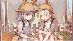 Rule 34 | 2girls, absurdres, aged down, animal ears, animal ears helmet, apron, bang dream! it&#039;s mygo!!!!!, blonde hair, blue hair, carrot, child, commentary, fence, grey apron, highres, holding, holding carrot, ki3wii, medium hair, multiple girls, open mouth, outdoors, parted lips, rabbit ears, shirt, sleeves rolled up, smile, squatting, symbol-only commentary, togawa sakiko, two side up, wakaba mutsumi, white shirt, yellow eyes