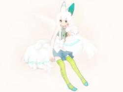 Rule 34 | 10r (tulipano), 1girl, animal ears, bad id, bad pixiv id, blue eyes, fingernails, green thighhighs, multiple tails, nail, nail polish, original, shoes, signature, sitting, skirt, solo, tail, thighhighs, white hair, zettai ryouiki