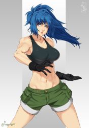Rule 34 | 1girl, abs, biceps, black gloves, blue eyes, blue hair, breasts, cleavage, crop top, feguimel, fighting stance, gloves, highres, leona heidern, midriff, muscular, muscular female, navel, ponytail, shorts, solo, stomach, tank top, the king of fighters, toned