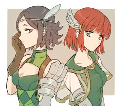 Rule 34 | 2girls, adjusting hair, bare shoulders, black hair, bracer, breasts, circlet, cleavage, detached collar, dress, fire emblem, fire emblem: the blazing blade, fire emblem awakening, fire emblem heroes, gloves, green eyes, leather, leather gloves, looking at another, looking at viewer, multiple girls, nintendo, noire (fire emblem), noshima, priscilla (fire emblem), profile, red eyes, red hair, see-through, short hair, smile, upper body, wing hair ornament
