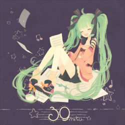 Rule 34 | 1girl, ahoge, character name, closed eyes, green hair, hair ribbon, hatsune miku, headphones, headphones around neck, long hair, mero (jiantumelody), musical note, open mouth, ribbon, sheet music, shoes, shorts, sitting, solo, star (symbol), thighhighs, twintails, very long hair, vocaloid