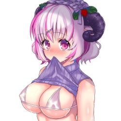 Rule 34 | 1girl, animal ears, bikini, blush, breasts, clothes in mouth, clothes lift, food-themed hair ornament, hair ornament, hairband, hairclip, highres, hinao, horns, large breasts, lolita hairband, looking at viewer, micro bikini, mouth hold, multicolored hair, original, pink eyes, pink hair, sheep ears, sheep horns, shirt in mouth, shirt lift, short hair, sleeveless, sleeveless sweater, sleeveless turtleneck, solo, strawberry hair ornament, streaked hair, string bikini, sweat, sweater, swimsuit, turtleneck, turtleneck sweater, white hair