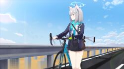 Rule 34 | 1girl, animal ears, bicycle, black jacket, black skirt, blue archive, blue eyes, blue halo, blue scarf, cross hair ornament, feet out of frame, grey hair, hair ornament, halo, highres, jacket, long sleeves, medium hair, nanju bami, open clothes, open jacket, pleated skirt, scarf, shiroko (blue archive), shirt, skirt, solo, white shirt, wolf ears