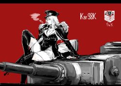 Rule 34 | 1girl, belt, bolt action, boots, breasts, character name, cigarette, cleavage, fur trim, girls&#039; frontline, gun, hat, highres, holding, kar98k (girls&#039; frontline), long hair, mauser 98, military, military hat, military uniform, military vehicle, monochrome, motor vehicle, osakana (denpa yun&#039;yun), red background, red eyes, rifle, simple background, sitting, smoking, solo, tank, thigh boots, thighhighs, tiger i, uniform, weapon