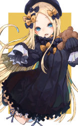 Rule 34 | 1girl, abigail williams (fate), black bow, black dress, black footwear, black hat, blonde hair, bloomers, blue eyes, bow, bug, butterfly, commentary request, dress, fate/grand order, fate (series), forehead, hair bow, hat, highres, hugging object, insect, long hair, long sleeves, looking at viewer, nyucha, open mouth, orange background, orange bow, parted bangs, polka dot, polka dot bow, shoes, sleeves past fingers, sleeves past wrists, solo, stuffed animal, stuffed toy, teddy bear, two-tone background, underwear, very long hair, white background, white bloomers