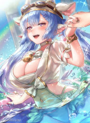 Rule 34 | 1girl, animal ears, blue hair, blush, breasts, catura (granblue fantasy), cleavage, cow ears, cow girl, cow horns, draph, granblue fantasy, highres, horns, large breasts, long hair, looking at viewer, one-piece swimsuit, open mouth, pointy ears, puffy short sleeves, puffy sleeves, short sleeves, smile, solo, swimsuit, thighs, white one-piece swimsuit, yomichi clay