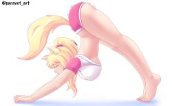 Rule 34 | animal ear fluff, animal ears, arched back, artist name, ass, bare legs, barefoot, blonde hair, breasts, cat ears, cat girl, cat tail, closed eyes, closed mouth, crop top, feet, from side, full body, highres, large breasts, lips, medium hair, nail polish, nottytiffy, paravet, pink nails, pink shorts, raglan sleeves, shirt, short shorts, shorts, sideboob, simple background, soles, stretching, stretching (meme), tail, thighs, tiffy (nottytiffy), tiptoes, toenail polish, toenails, toes, top-down bottom-up, twitter username, white background, white shirt