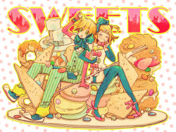 Rule 34 | 1boy, 1girl, 7:24, bare shoulders, blonde hair, blush, brother and sister, cake, candy, cookie, dress, eating, elbow gloves, closed eyes, fingerless gloves, food, fork, fruit, gloves, hair ornament, hair ribbon, hairclip, kagamine len, kagamine rin, open mouth, ribbon, short hair, siblings, sitting, skirt, strawberry, sweets, thighhighs, twins, vocaloid