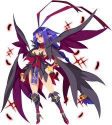Rule 34 | 1girl, antenna hair, armored boots, blue hair, boots, braid, braided ponytail, breasts, cleavage, disgaea, disgaea rpg, fang, feathers, full body, genderswap, genderswap (mtf), gradient hair, high heels, highres, laharl, laharl-chan, large breasts, long hair, multicolored hair, non-web source, official art, open mouth, photoshop (medium), pointy ears, red eyes, red hair, solo, transparent background, two-tone hair, very long hair, wings