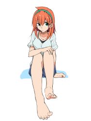 Rule 34 | 1girl, amano tora, barefoot, earrings, feet, green eyes, hand on own knee, highres, jewelry, kazenoko, long hair, looking at viewer, necklace, shirt, shorts, sitting, solo, t-shirt, toes, white background