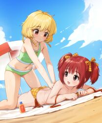 2girls applying_sunscreen beach beach_umbrella bikini blonde_hair braid brown_eyes closed_mouth collarbone commentary commission comodox english_commentary flat_chest fong_pudding green_bikini highres lotion lying mew_pudding momomiya_ichigo multiple_girls on_stomach open_mouth outdoors red_eyes red_hair short_hair sunscreen swimsuit tokyo_mew_mew twintails umbrella untied_bikini_top yellow_bikini