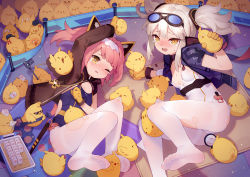 Rule 34 | 2girls, absurdres, animal, animal ears, azur lane, bird, blue jacket, blue leotard, blush, breasts, brown jacket, commentary request, feet, feet on toy, gloves, goggles, goggles on head, hairband, highres, holding, holding animal, holding bird, jacket, leotard, long hair, long sleeves, lying, manjuu (azur lane), multiple girls, no shoes, on side, one eye closed, open clothes, open jacket, open mouth, orange gloves, pantyhose, pink hair, ponytail, short sleeves, small breasts, tearing up, torn clothes, torn legwear, tsubasa tsubasa, twintails, u-81 (azur lane), u-96 (azur lane), white hair, white hairband, white legwear, white leotard, yellow eyes