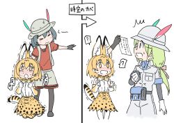 Rule 34 | 10s, 3girls, ^^^, absurdres, animal ears, barikios, blush, bucket hat, commentary, eargasm, glasses, gloves, green hair, hat, hat feather, highres, kaban (kemono friends), kemono friends, long hair, mirai (kemono friends), multiple girls, open mouth, pantyhose, serval (kemono friends), serval tail, shirt, short hair, tail, translated, uncommon stimulation