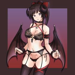Rule 34 | 1girl, arm garter, bare shoulders, black bra, black choker, black hair, black panties, black thighhighs, bow, bra, breasts, brown eyes, choker, cleavage, cowboy shot, criss-cross halter, curled horns, demon girl, demon horns, demon wings, freshtango, garter belt, hair bow, halterneck, highres, horns, lace, lace-trimmed bra, lace-trimmed panties, lace trim, lingerie, long hair, looking at viewer, medium breasts, navel, original, panties, panties over garter belt, parted lips, ponytail, pubic tattoo, side-tie panties, solo, stomach, string panties, tattoo, thighhighs, thighs, two-tone background, underwear, underwear only, wings, wrist cuffs