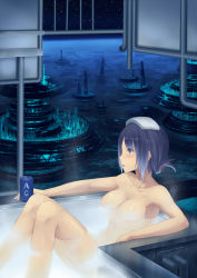 Rule 34 | 1girl, bathing, blue eyes, blue hair, breasts, building, can, city lights, cleavage, collarbone, glowing, hair ornament, hairclip, highres, izumi sai, matching hair/eyes, nude, original, planet, scenery, science fiction, skyline, skyscraper, solo, space, towel, towel on head, tub, window