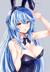 Rule 34 | 1girl, animal ears, arm up, bare arms, bare shoulders, black hairband, black leotard, blue hair, blush, braid, breasts, brown eyes, cleavage, collar, detached collar, fake animal ears, grey background, hair between eyes, hairband, half updo, hand up, highres, hololive, irohara, leotard, long hair, medium breasts, multicolored hair, parted lips, pointy ears, rabbit ears, simple background, solo, strapless, strapless leotard, streaked hair, upper body, very long hair, virtual youtuber, white collar, wing collar, yukihana lamy