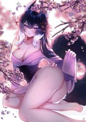 Rule 34 | 1girl, animal ear fluff, animal ears, ass, bare legs, barefoot, blurry, blurry background, blush, breasts, cherry blossoms, cleavage, feet out of frame, flower, hair between eyes, hair flower, hair ornament, highres, indie virtual youtuber, japanese clothes, kimono, large breasts, long hair, looking at viewer, multicolored hair, parted lips, petals, purple eyes, purple kimono, rezo sempai (vtuber), rezosempai, solo, tail, thighs, tree, two-tone hair, virtual youtuber, wolf ears, wolf girl, wolf tail