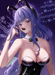 Rule 34 | 1girl, animal ears, bare shoulders, black leotard, bow, bowtie, breasts, chocolate, cleavage, commentary, dealesis, detached collar, easter egg, egg, fake animal ears, food in mouth, genshin impact, highres, large breasts, leotard, long hair, looking at viewer, mole, mole under eye, playboy bunny, purple background, purple eyes, purple hair, rabbit ears, raiden shogun, solo, strapless, strapless leotard, upper body, vision (genshin impact)