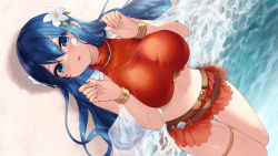 Rule 34 | 1girl, belt, bikini, blue eyes, blue hair, blush, bracelet, breasts, caeda (fire emblem), caeda (summer) (fire emblem), cait aron, crossed bangs, fire emblem, fire emblem heroes, flower, hair flower, hair ornament, hands up, highres, jewelry, large breasts, long hair, looking at viewer, lying, midriff, navel, nintendo, official alternate costume, on back, outdoors, parted lips, red bikini, red skirt, see-through, skirt, solo, swimsuit, thighlet, water