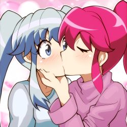 Rule 34 | 10s, 2girls, aino megumi, blue eyes, blue hair, blush, cure lovely, cure princess, closed eyes, hand on another&#039;s face, happinesscharge precure!, kiss, multiple girls, pink hair, ponytail, precure, shirayuki hime, sidelocks, sweater, tanashi (mk2), turtleneck, twintails, yuri