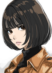 Rule 34 | 1girl, absurdres, black sweater, bob cut, brown eyes, brown hair, brown jacket, commentary request, eyelashes, highres, jacket, looking at viewer, original, short hair, simple background, sketch, solo, sweater, tsukikage oyama, turtleneck, turtleneck sweater, white background