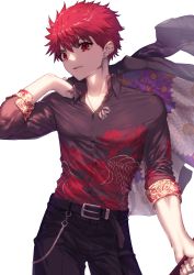 Rule 34 | 1boy, absurdres, belt, belt buckle, buckle, chrysanthemum print, dress shirt, ear piercing, earrings, emiya shirou, fate/grand order, fate (series), floral print, flower, highres, holding, holding clothes, jacket, jewelry, looking at viewer, male focus, nakanishi tatsuya, piercing, red eyes, red hair, senji muramasa (fate), shirt, simple background, sleeves rolled up, solo, spider lily, spider lily print, unworn jacket, upper body, white background