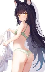 Rule 34 | 1girl, absurdres, animal ear fluff, animal ears, ass, azur lane, black hair, blush, bra, breasts, fox ears, fox girl, green bra, green panties, hamiro, highres, long hair, looking at viewer, looking back, nagato (azur lane), panties, simple background, small breasts, solo, underwear, underwear only, undressing, white background, yellow eyes