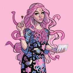 Rule 34 | 1girl, dress, floral print dress, holding makeup brush, imthepopmonster, long hair, looking at viewer, monster high, pink hair, scales, snake hair, solo, viperine gorgon