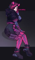 Rule 34 | 1girl, apex legends, ass, black footwear, black headwear, black jacket, blue eyes, boots, commentary, cyber punked wattson, english commentary, eyepatch, from side, highres, hood, hooded jacket, horns, jacket, looking at viewer, mechanical arms, mechanical legs, official alternate costume, one eye covered, pink hair, sitting, smile, solo, vesper (v17-20), wattson (apex legends)
