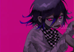 Rule 34 | 1boy, black hair, checkered clothes, checkered neckwear, checkered scarf, commentary request, danganronpa (series), danganronpa v3: killing harmony, grey jacket, hair between eyes, hands up, jacket, joh pierrot, long sleeves, looking at viewer, lower teeth only, male focus, open mouth, oma kokichi, pink background, pink eyes, purple eyes, purple hair, scarf, simple background, solo, teeth, tongue, tongue out, twitter username, upper body