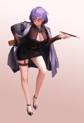 Rule 34 | 1girl, alternate costume, bad id, bad pixiv id, belt, black skirt, breasts, cigarette, cigarette holder, cleavage, cleavage cutout, clothing cutout, full body, girls&#039; frontline, gloves, gradient background, highres, holding, jacket, jacket on shoulders, large breasts, leaning forward, long sleeves, looking over eyewear, looking over glasses, mannaru, pencil skirt, purple hair, red eyes, short hair, single glove, skirt, smile, solo, strappy heels, sunglasses, thigh strap, thompson (girls&#039; frontline), tinted eyewear