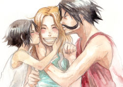 Rule 34 | 1girl, 2boys, aged down, alternate universe, bad id, bad pixiv id, black hair, blonde hair, blush, chikama (minka), child, facial hair, family, father and son, freckles, gol d. roger, grin, happy, hug, kiss, long hair, multiple boys, mustache, one piece, portgas d. ace, portgas d. rouge, red shirt, shirt, short hair, simple background, smile, time paradox