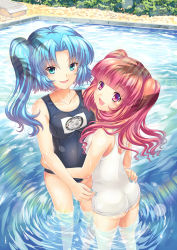 Rule 34 | 2girls, :d, ass, blue eyes, blue hair, blue nails, blunt bangs, blush, breasts, collarbone, highres, long hair, looking at viewer, medium breasts, multiple girls, nail polish, one-piece swimsuit, open mouth, original, pool, red eyes, red hair, riyun (halodark), school swimsuit, side ponytail, smile, swimsuit, twintails, wading, water, white one-piece swimsuit, white school swimsuit
