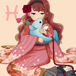 Rule 34 | 1girl, animal, aoiyuya, arrow (projectile), bead anklet, blush, bow (weapon), brown hair, covering own mouth, fish, flower, frilled kimono, frills, green eyes, hair flower, hair ornament, hairband, half-closed eyes, heart-shaped arrow, high heels, holding, holding animal, holding fish, japanese clothes, kimono, long hair, long sleeves, looking at viewer, obi, original, pantyhose, pisces (symbol), pisces (zodiac), sash, sitting, solo, wavy hair, weapon, wide sleeves, yokozuwari, zodiac