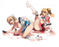 Rule 34 | 2girls, blonde hair, blue eyes, blush, boots, braid, breasts, caee penguin, claire (granado espada), clothes lift, dildo, double dildo, double insertion, elbow gloves, fishnet legwear, fishnets, gloves, granado espada, highres, large breasts, medium breasts, multiple girls, nipples, open clothes, open mouth, open shirt, sex toy, shared object insertion, shirt, shirt lift, thigh boots, thighhighs, tongue, tongue out, valeria (granado espada), yuri
