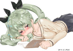 Rule 34 | 10s, 1girl, 2016, anchovy (girls und panzer), bad id, bad pixiv id, black ribbon, black skirt, blush, book, breasts, cleavage, commentary request, dated, drill hair, girls und panzer, green hair, holding, holding own hair, long hair, long sleeves, lying, mokyutan, on stomach, open book, open mouth, pleated skirt, reading, ribbon, skirt, solo, text focus, twin drills, twintails