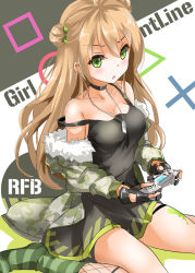 Rule 34 | &gt;:o, 1girl, :o, bare shoulders, black dress, black gloves, black neckwear, blush, bow, breasts, brown hair, choker, circle, cleavage, coat, collarbone, commentary request, controller, copyright name, cross, dog tags, double bun, dress, fatkewell, fingerless gloves, full body, fur-trimmed jacket, fur trim, game console, game controller, gamepad, girls&#039; frontline, gloves, green bow, green eyes, green jacket, green socks, hair bow, hair bun, highres, holding, jacket, kneehighs, long hair, long sleeves, looking at viewer, medium breasts, off shoulder, open clothes, open jacket, playstation 4, playstation controller, rfb (girls&#039; frontline), shadow, simple background, sitting, sketch, socks, solo, square, strap slip, triangle, v-shaped eyebrows, wariza