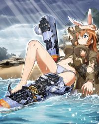 Rule 34 | 1girl, animal ears, beach, breasts, charlotte e. yeager, cloud, cloudy sky, damaged, day, grey panties, large breasts, long hair, ocean, official art, one eye closed, orange hair, outdoors, panties, rabbit ears, rabbit girl, rabbit tail, rock, sky, solo, strike witches, striker unit, sunlight, tail, torn clothes, torn panties, underwear, wet, world witches series
