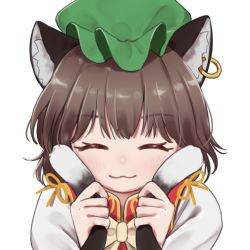Rule 34 | 1girl, :3, ^ ^, animal ear fluff, animal ears, blush, bow, bowtie, brown hair, cat ears, cat tail, chen, closed eyes, commentary request, earrings, facing viewer, green hat, hands up, hat, holding own tail, jewelry, mob cap, multiple tails, nekomata, one-hour drawing challenge, partial commentary, portrait, red vest, ribbon, shirt, short hair, simple background, smile, solo, tail, torinari (dtvisu), touhou, two tails, vest, white background, white shirt, yellow bow, yellow bowtie, yellow ribbon