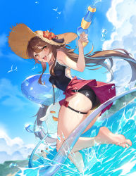 Rule 34 | 1boy, 1girl, absurdres, alternate costume, ass, ball, bare shoulders, barefoot, beach, beachball, black one-piece swimsuit, blue sky, blush, boo tao (genshin impact), breasts, brown hair, cloud, day, feet, genshin impact, ghost, hat, highres, holding, holding water gun, holding weapon, hu tao (genshin impact), innertube, lico0309, looking at viewer, one-piece swimsuit, open mouth, outdoors, red eyes, red skirt, skirt, sky, small breasts, smile, soles, star-shaped pupils, star (symbol), straw hat, swim ring, swimsuit, symbol-shaped pupils, toes, twintails, upskirt, water, water gun, weapon, zhongli (genshin impact)