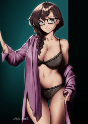 Rule 34 | 1girl, asymmetrical hair, bra, braid, breasts, collarbone, colorized, confessions of the magpie wizard, contrapposto, french braid, glasses, hair over shoulder, highres, large breasts, long sleeves, looking at viewer, lulu-chan92, mariko (confessions of the magpie wizard), open clothes, satansoft1, thighs, underwear