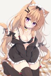 Rule 34 | 1girl, :o, animal ears, bare shoulders, bell, between legs, black thighhighs, blush, bow, bra, breasts, brown hair, cat ears, cat tail, choker, cleavage, collarbone, commentary request, frills, hair between eyes, hair bow, hair ornament, hand between legs, herurun, jingle bell, long hair, long sleeves, maid headdress, medium breasts, no shoes, off shoulder, original, purple eyes, ribbon, sitting, solo, tail, tail ornament, tail ribbon, thighhighs, twintails, underwear, v arms, very long hair