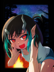 Rule 34 | 1girl, :d, absurdres, alternate costume, black border, black hair, blue hair, blue shorts, blue sky, blurry, blurry background, blush, border, breasts, broken horn, campfire, cleavage, commentary request, demon girl, demon horns, fang, feet out of frame, fire, grey horns, highres, horns, kichikichi, leaning forward, looking at viewer, medium bangs, medium hair, multicolored hair, nanashi inc., night, night sky, one side up, open mouth, outside border, pointy ears, red eyes, shishio chris, shorts, skin fang, sky, small breasts, smile, smug, solo, star (sky), starry sky, tank top, two-tone hair, virtual youtuber, white tank top