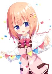 Rule 34 | 1girl, :d, absurdres, bad id, bad pixiv id, blush, bow, brown hair, brown skirt, collared shirt, commentary request, confetti, dated, flower, gochuumon wa usagi desu ka?, hair between eyes, hair flower, hair ornament, hairclip, happy birthday, highres, holding, hoto cocoa, long sleeves, nakkar, open mouth, pennant, pink flower, pink vest, purple eyes, rabbit house uniform, red bow, shirt, simple background, skirt, sleeves past wrists, smile, solo, string of flags, twitter username, uniform, vest, waitress, white background, white shirt