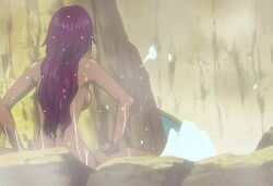Rule 34 | 1girl, anime screenshot, back, backboob, bleach, breasts, completely nude, curvy, dark-skinned female, dark skin, female focus, flashing, from behind, hair down, hands on own legs, hands on thighs, highres, long hair, long image, looking at another, medium breasts, nude, on ground, onsen, purple hair, rock, bad tag, shihouin yoruichi, shiny skin, sideboob, sitting, solo, solo focus, spread legs, steam, studio pierrot, teasing, wet, wet hair, wide image
