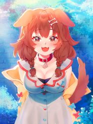 Rule 34 | 1girl, :3, :d, animal ears, blush, bone hair ornament, braid, breasts, brown eyes, brown hair, cartoon bone, cleavage, collar, commentary, dog ears, dog girl, dog tail, fangs, hair ornament, hairclip, heart, heart-shaped pupils, highres, hololive, inugami korone, inugami korone (1st costume), long hair, looking at viewer, low twin braids, open mouth, red collar, savi (byakushimc), smile, solo, symbol-shaped pupils, tail, twin braids, twitter username, virtual youtuber