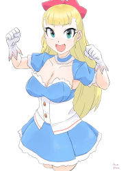 Rule 34 | 1girl, akiba&#039;s trip, aqua eyes, arisa ahokainen, blue dress, blunt bangs, bow, breasts, cleavage, cowboy shot, cropped legs, detached sleeves, dress, hair bow, hands up, looking at viewer, medium breasts, mizukane, open mouth, red bow, shadow, short sleeves, signature, smile, solo