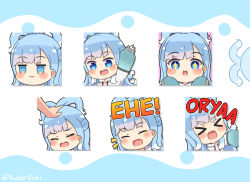 Rule 34 | &gt; &lt;, + +, 1girl, 1other, :d, :o, arm up, blue background, blue eyes, blue hair, blush stickers, chibi, closed mouth, commentary, drawstring, empty eyes, english commentary, closed eyes, fang, headpat, holoh3ro, hololive, hololive indonesia, hood, hood down, hoodie, jitome, kobo kanaeru, long sleeves, multiple views, notice lines, open mouth, puffy long sleeves, puffy sleeves, romaji text, rutorifuki, sleeves past fingers, sleeves past wrists, smile, teeth, twitter username, two-tone background, upper teeth only, virtual youtuber, wavy mouth, white background, white hoodie