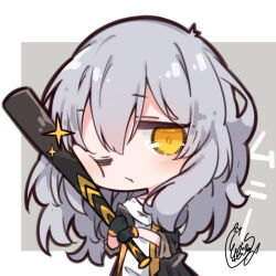 Rule 34 | 1girl, baseball bat, beni shake, black gloves, black jacket, chibi, closed mouth, commentary request, stelle (honkai: star rail), gloves, grey background, grey hair, hair between eyes, holding, holding baseball bat, honkai: star rail, honkai (series), jacket, long hair, long sleeves, looking at viewer, one eye closed, open clothes, open jacket, shirt, signature, solo, trailblazer (honkai: star rail), two-tone background, upper body, white background, white shirt, yellow eyes