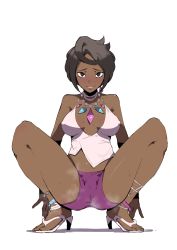 Rule 34 | 1girl, absurdres, anklet, bare shoulders, black eyes, black hair, blush, breasts, breasts apart, collarbone, covered erect nipples, creatures (company), dark-skinned female, dark skin, feet, female focus, full body, game freak, high heels, highres, jaggy lines, jewelry, jikatarou, looking at viewer, matching hair/eyes, medium breasts, necklace, nintendo, olivia (pokemon), pink shirt, pokemon, pokemon sm, purple shorts, sandals, shirt, short hair, shorts, simple background, sleeveless, sleeveless shirt, smile, solo, spread legs, squatting, steam, sweat, white background